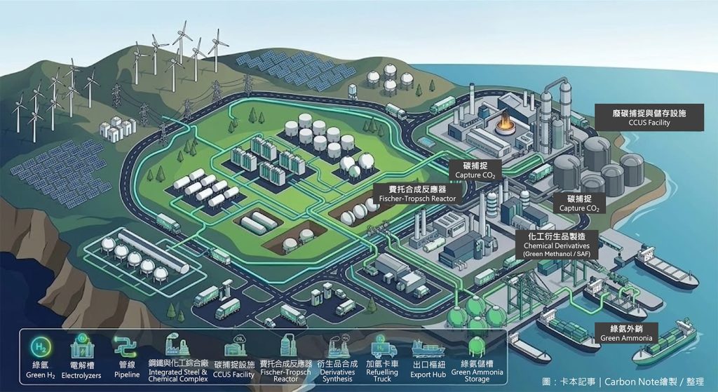 區域氫谷（Hydrogen Valley）生態系統概念示意圖，展示包含再生能源製氫、綠鋼、工業碳捕捉與費托合成的閉環經濟圈。