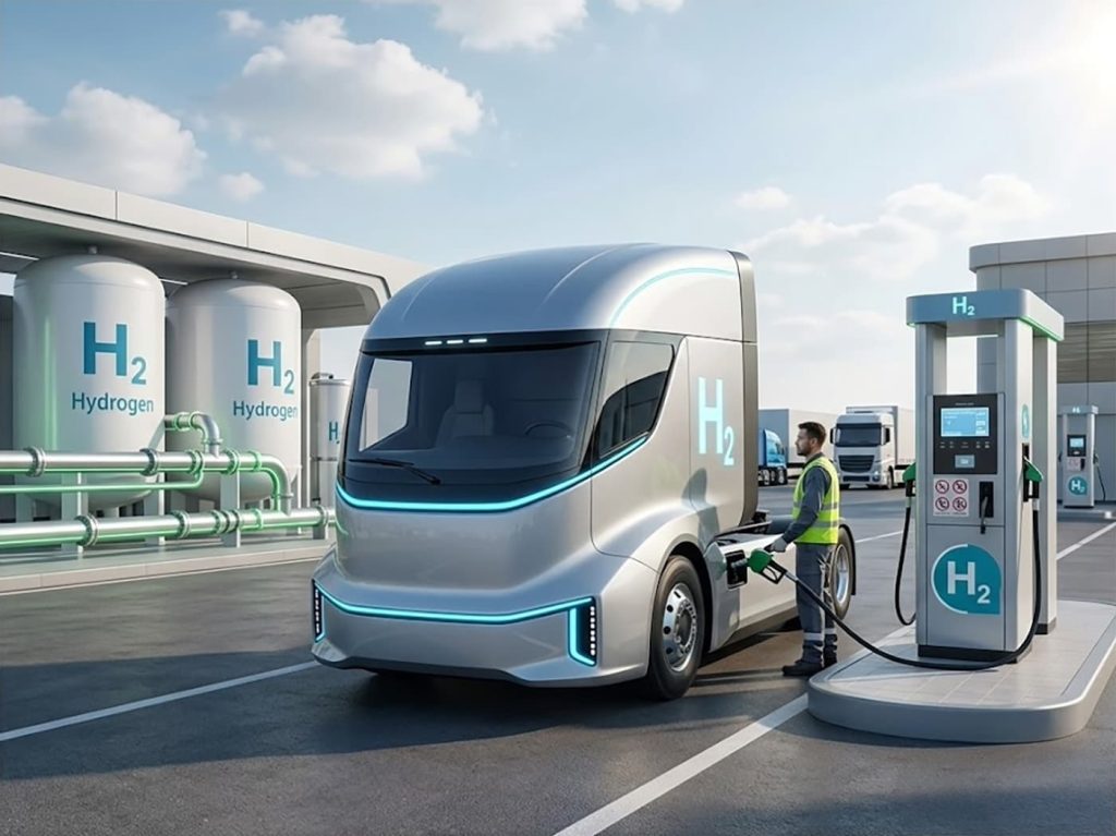 氫能重型卡車（FCEV）在加氫站進行氫氣補給示意圖
