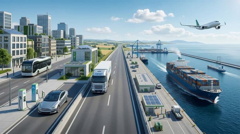 陸海空交通去碳化全場景示意圖包含城市電動車公路氫能重卡與遠洋貨櫃輪